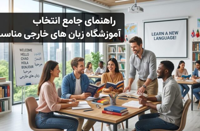 Illustration of a language school classroom representing language learning and education.